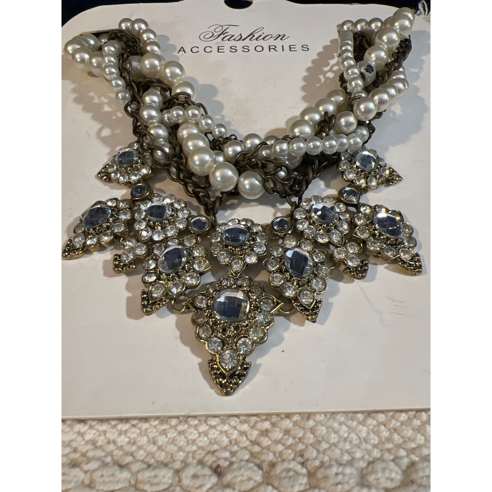 Faux Pearl and Crystal Statement Bib Necklace‎ Antique Brass Tone Multi Strand